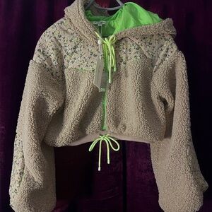 For Love And Lemons Sherpa Floral Crop Hoodie